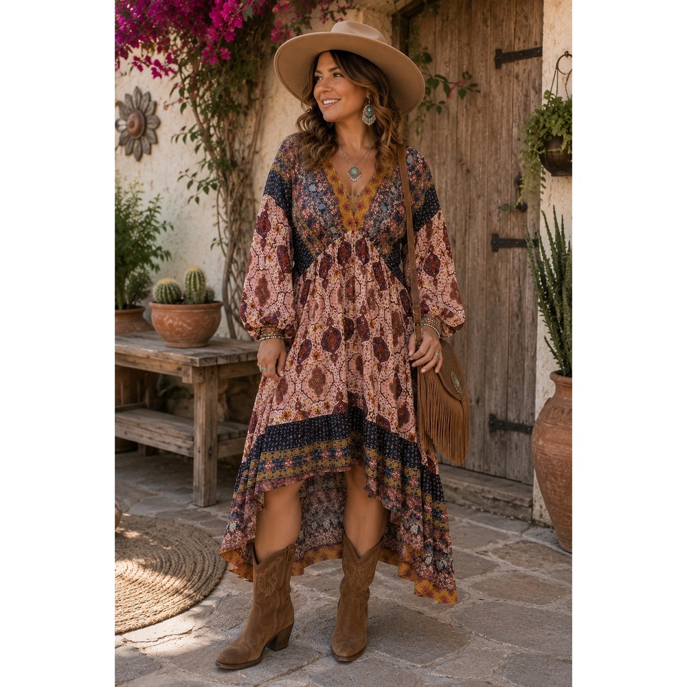 Boho Western Babydoll Umgee Patchwork Pink Multi Balloon Sleeve L Midi Dress - Picture 1 of 10